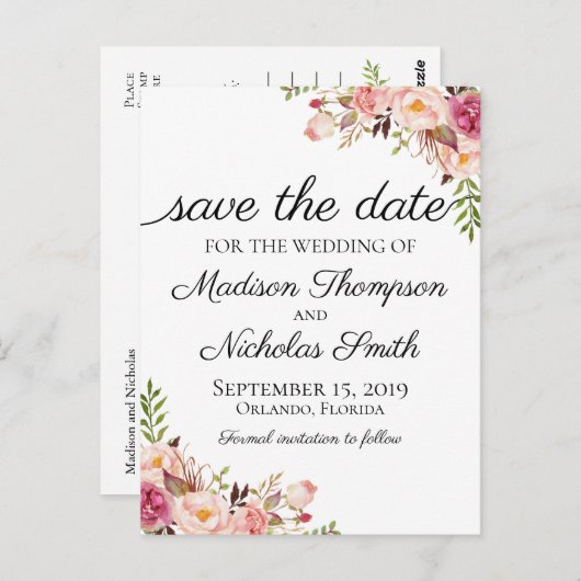 Rustieke Roze Bloemen Save the Date Briefkaarten (Voorkant / Achterkant)