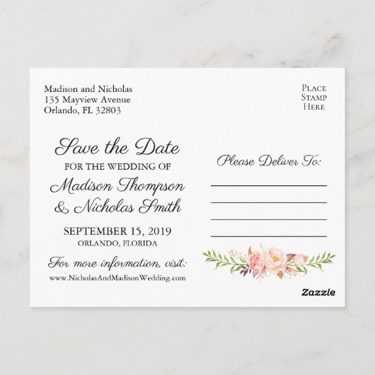 Rustieke Roze Bloemen Save the Date Briefkaarten (Achterkant)