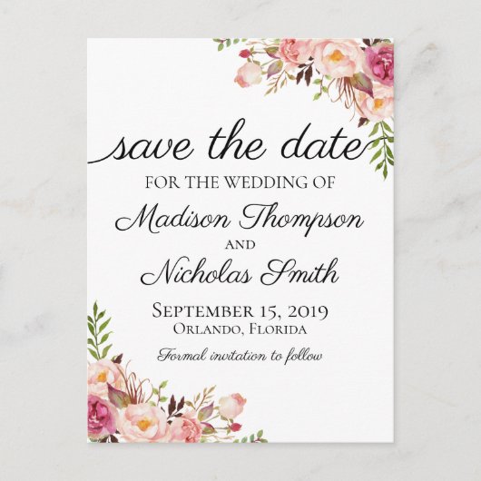 Rustieke Roze Bloemen Save the Date Briefkaarten (Voorkant)