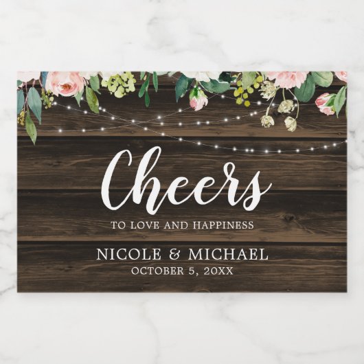 Rustieke Roze Bloemen String Lights Bruiloft Mini Sparkling Wijnetiket (Enkel label)