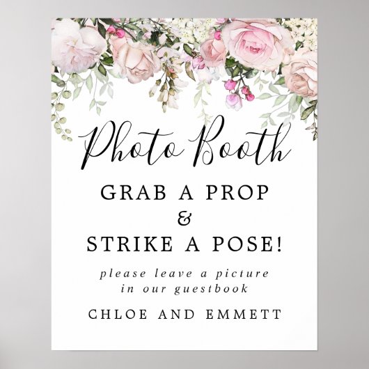 Rustieke roze bloemen trouwfoto booth bord poster (Voorkant)