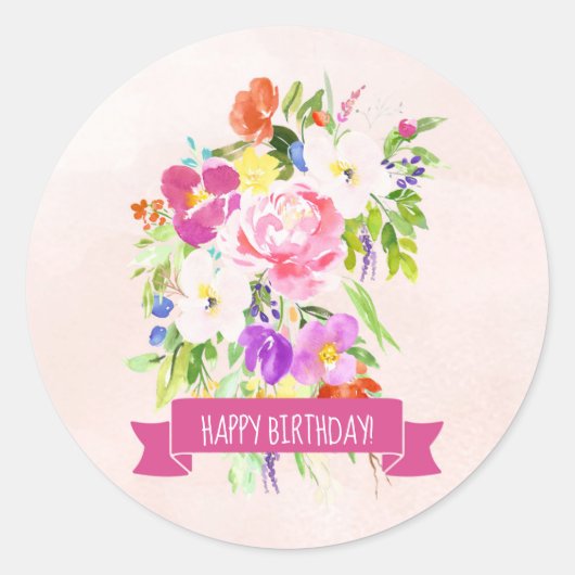 Rustieke Roze Bloemen Waterverf Happy Birthday Ronde Sticker (Voorkant)