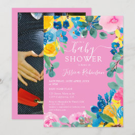 Rustieke roze bloemenfoto baby shower kaart