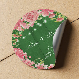 Rustieke roze bloemengroene schuur hout zomer brui ronde sticker