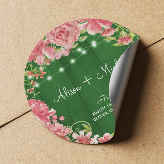 Rustieke roze bloemengroene schuur hout zomer brui ronde sticker