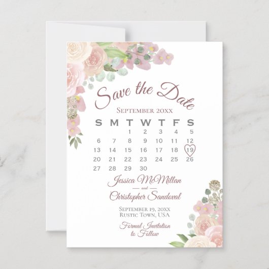 Rustieke Roze Bloemenkalender Bruiloft Save the Da Magnetische Uitnodiging (Voorkant)