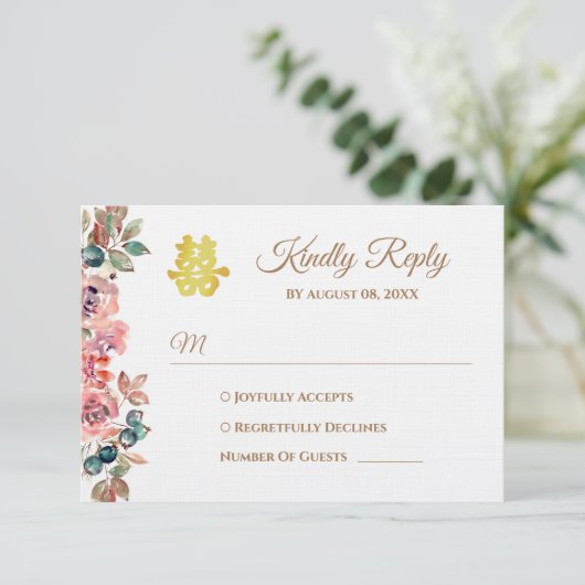 Rustieke roze bloemenkrans Chinese bruiloft RSVP Kaartje (Staand voorkant)