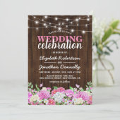 Rustieke roze bloemenslingers bruiloft kaart (Staand voorkant)