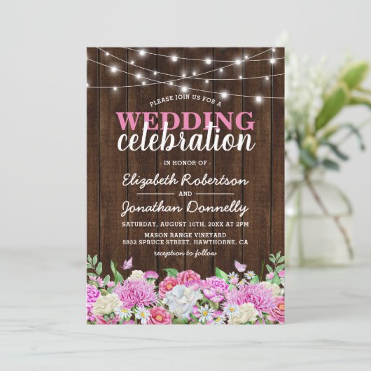 Rustieke roze bloemenslingers bruiloft kaart (Staand voorkant)