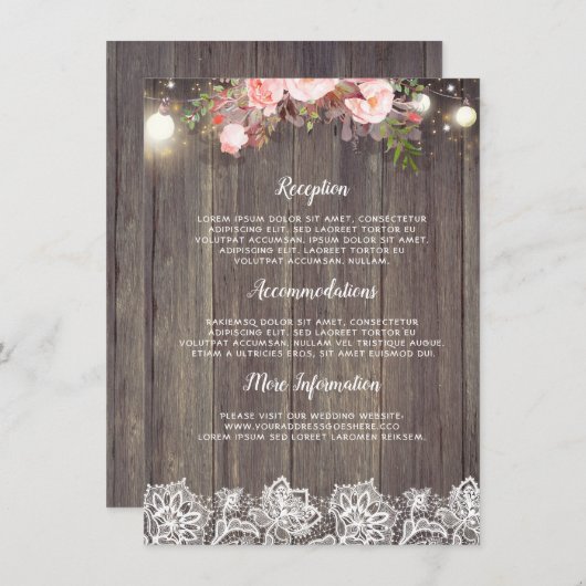Rustieke roze bloemige trouwinformatie gast informatiekaartje (Voorkant / Achterkant)