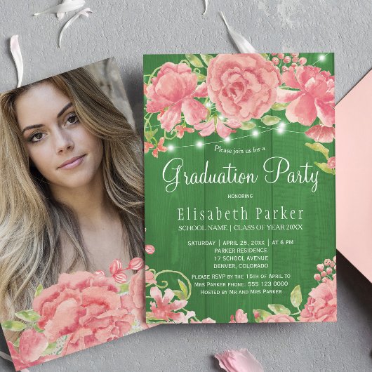 Rustieke roze blush pioenrozen FOTO afstudeerfeest Kaart