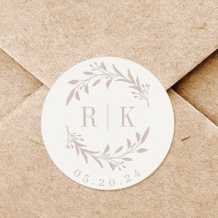 Rustieke roze botanische krans trouw monogram ronde sticker