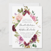 Rustieke Roze Bourgogne en Paarse Bloemen bruiloft Kaart (Voorkant)