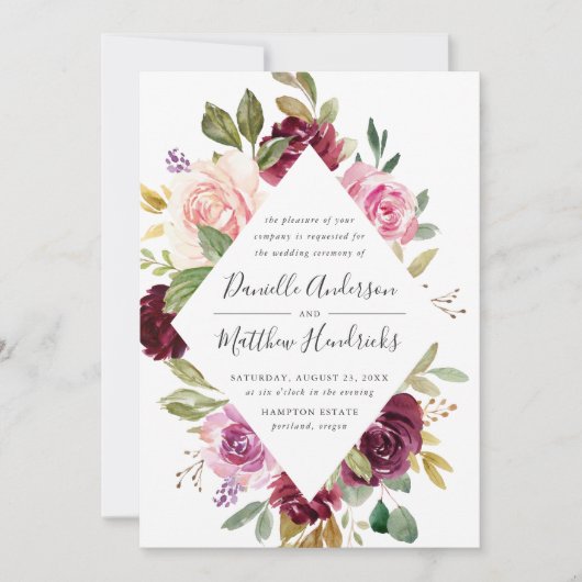 Rustieke Roze Bourgogne en Paarse Bloemen bruiloft Kaart (Voorkant)