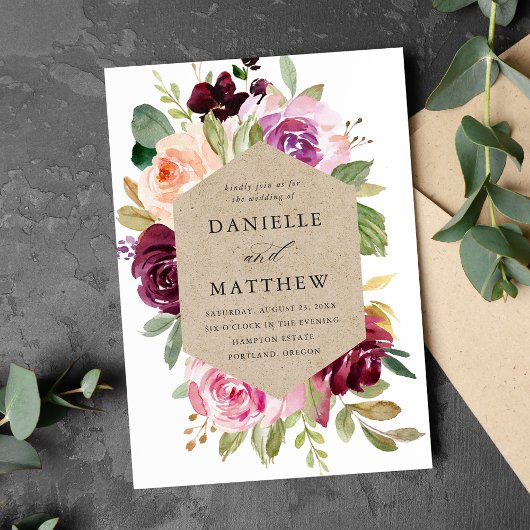 Rustieke Roze Bourgogne en Paarse Bloemen bruiloft Kaart