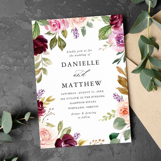 Rustieke Roze Bourgogne en Paarse Bloemen bruiloft Kaart