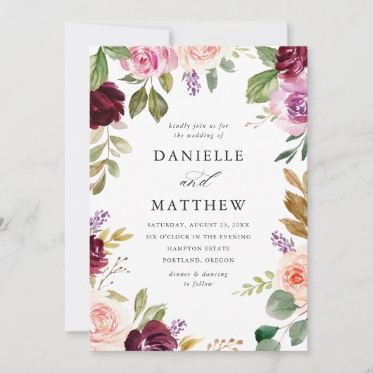 Rustieke Roze Bourgogne en Paarse Bloemen bruiloft Kaart (Voorkant)