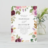 Rustieke Roze Bourgogne en Paarse Bloemen bruiloft Kaart (Staand voorkant)