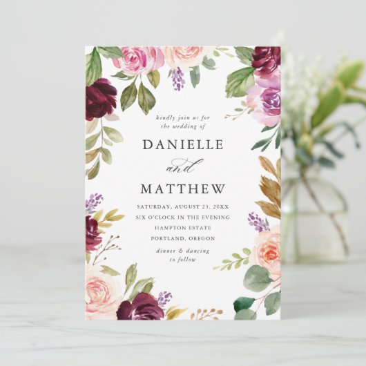 Rustieke Roze Bourgogne en Paarse Bloemen bruiloft Kaart (Staand voorkant)
