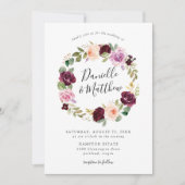 Rustieke Roze Bourgogne en Paarse Bloemen bruiloft Kaart (Voorkant)