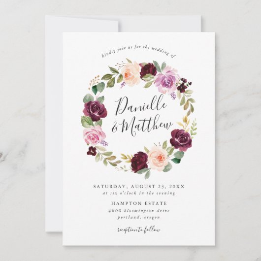 Rustieke Roze Bourgogne en Paarse Bloemen bruiloft Kaart (Voorkant)