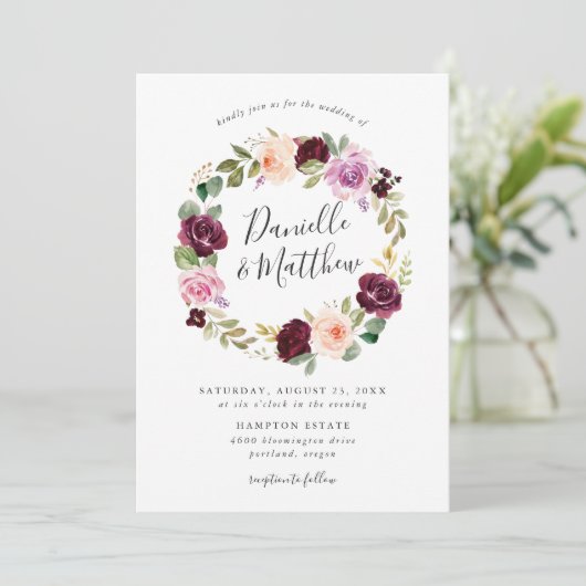 Rustieke Roze Bourgogne en Paarse Bloemen bruiloft Kaart (Staand voorkant)