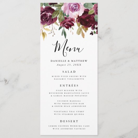 Rustieke Roze Bourgogne en Paarse Bloemen bruiloft Menu (Voorkant)