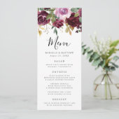 Rustieke Roze Bourgogne en Paarse Bloemen bruiloft Menu (Staand voorkant)