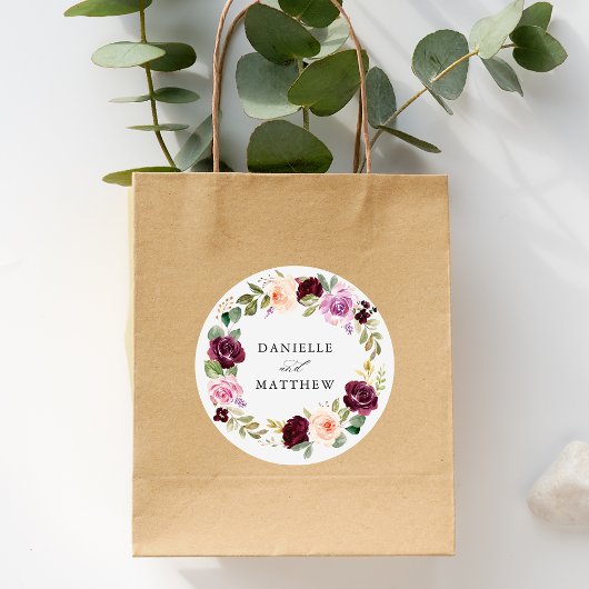 Rustieke Roze Bourgogne en Paarse Bloemen bruiloft Ronde Sticker