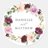 Rustieke Roze Bourgogne en Paarse Bloemen bruiloft Ronde Sticker (Voorkant)