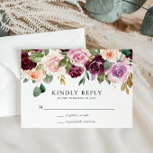 Rustieke Roze Bourgogne en Paarse Bloemen bruiloft RSVP Kaartje
