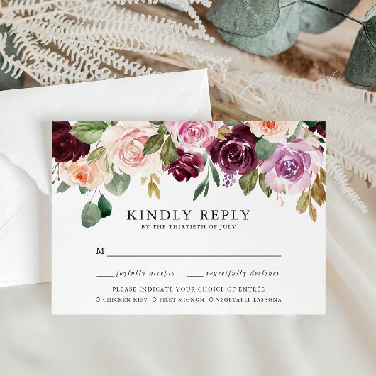Rustieke Roze Bourgogne en Paarse Maaltijd Keuze RSVP Kaartje