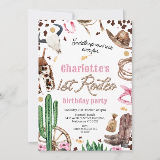 Rustieke Roze Bruine Meisjes 1e Rodeo 1e Verjaarda Kaart (Voorkant)
