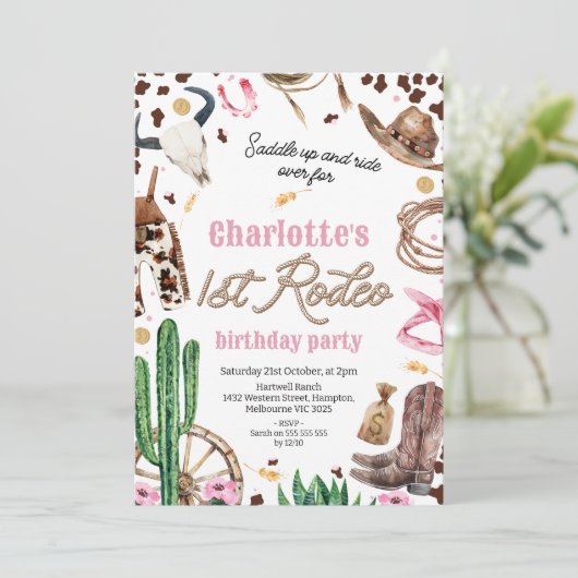 Rustieke Roze Bruine Meisjes 1e Rodeo 1e Verjaarda Kaart (Staand voorkant)