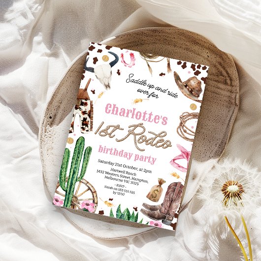 Rustieke Roze Bruine Meisjes 1e Rodeo 1e Verjaarda Kaart