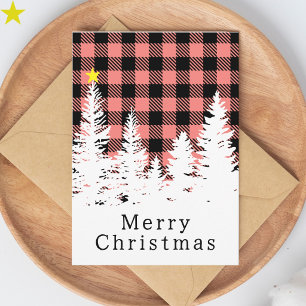 Rustieke Roze Buffalo Plaid Bos Kerstmis Kaart
