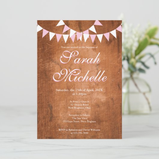 Rustieke  Roze Bunting Doop Doop Doop Kaart (Staand voorkant)