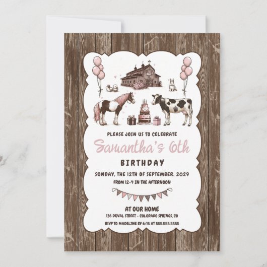 Rustieke Roze Dieren Verjaardagsfeestuitnodiging Kaart (Voorkant)