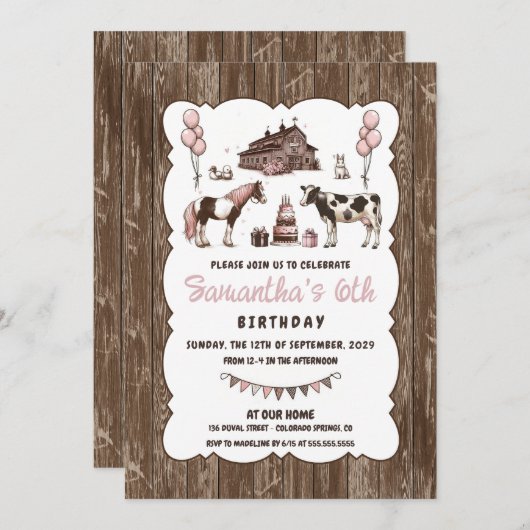 Rustieke Roze Dieren Verjaardagsfeestuitnodiging Kaart (Voorkant / Achterkant)