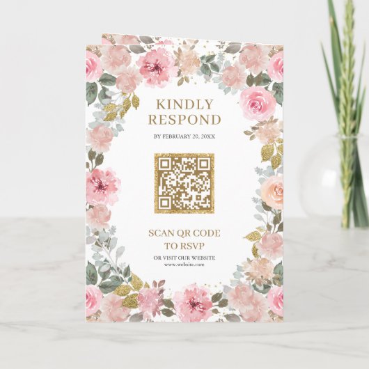 Rustieke roze en gouden bloemencode QR-code bruilo (Achterkant)