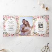 Rustieke roze en gouden bloemencode QR-code bruilo Drieluik Uitnodiging (Binnen)