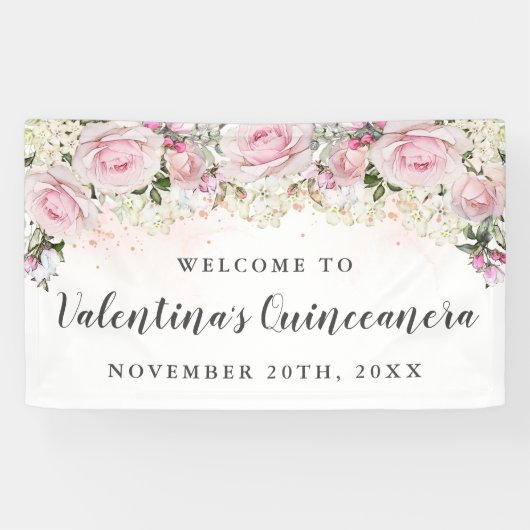 Rustieke roze en witte bloemenquinceanera spandoek (Horizontaal)