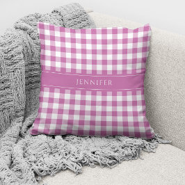 Rustieke roze en witte gingham patroonnaam kussen