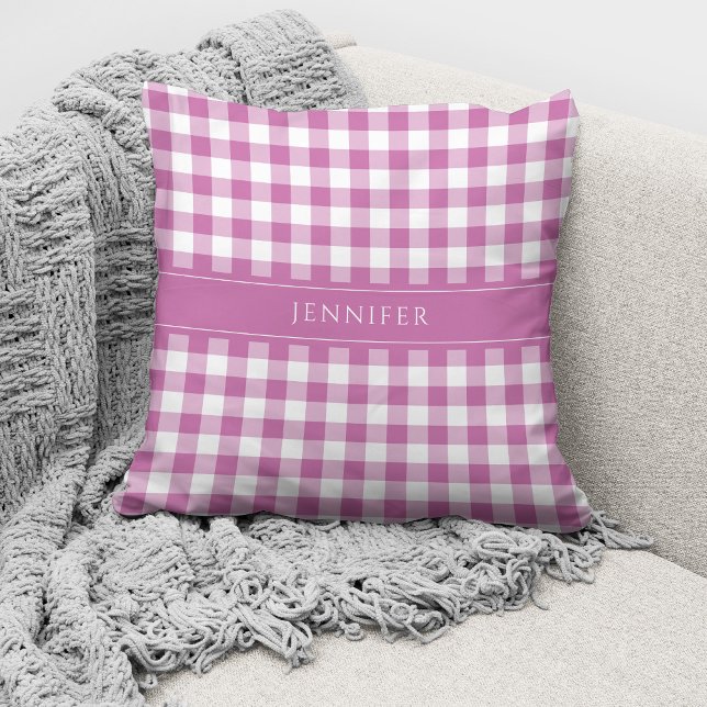 Rustieke roze en witte gingham patroonnaam kussen (Creator heeft geüpload)