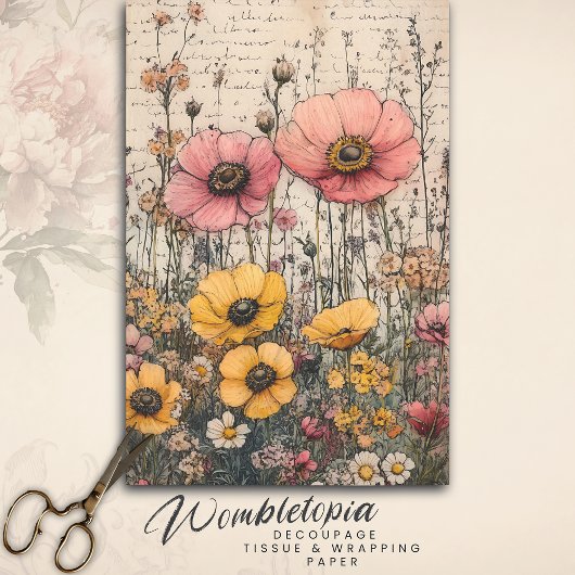 Rustieke roze & gele Poppy's oude brief decoupage Tissuepapier