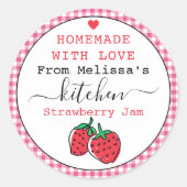 Rustieke Roze Gingham Zelfgemaakte Aardbeienjam Ronde Sticker (Voorkant)