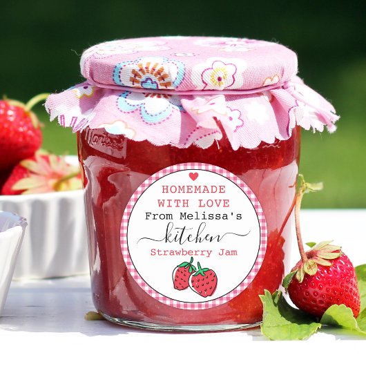 Rustieke Roze Gingham Zelfgemaakte Aardbeienjam Ronde Sticker