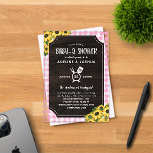 Rustieke Roze Gingham Zonnebloemen Meisje Baby-Q S Acryl Uitnodigingen