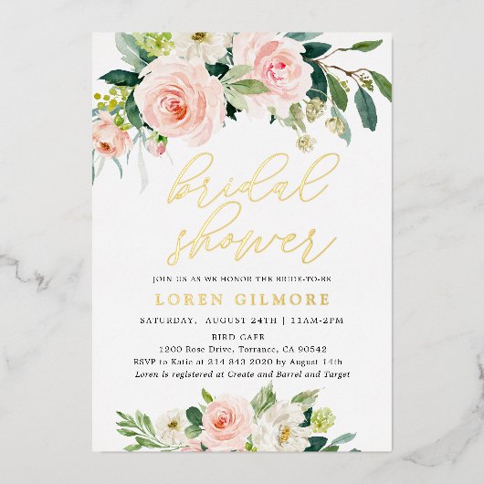 Rustieke Roze Gouden Bloemachtige Bruidsfeest Folie Uitnodiging (Voorkant)