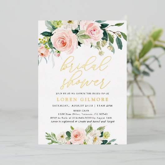 Rustieke Roze Gouden Bloemachtige Bruidsfeest Folie Uitnodiging (Staand Voorkant)